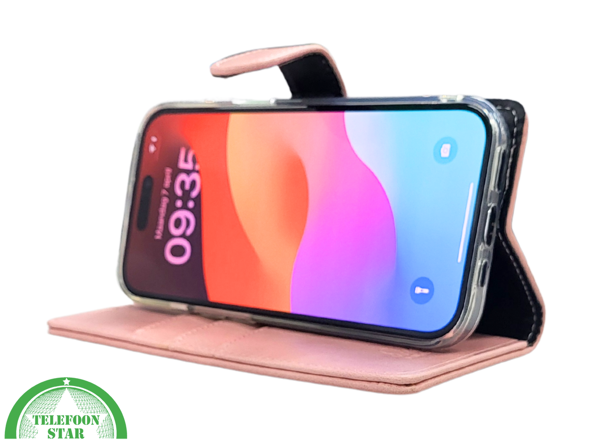 iPhone 15 Plus Hoesje Roze – Bookcase met Pasjeshouder en Leren Look