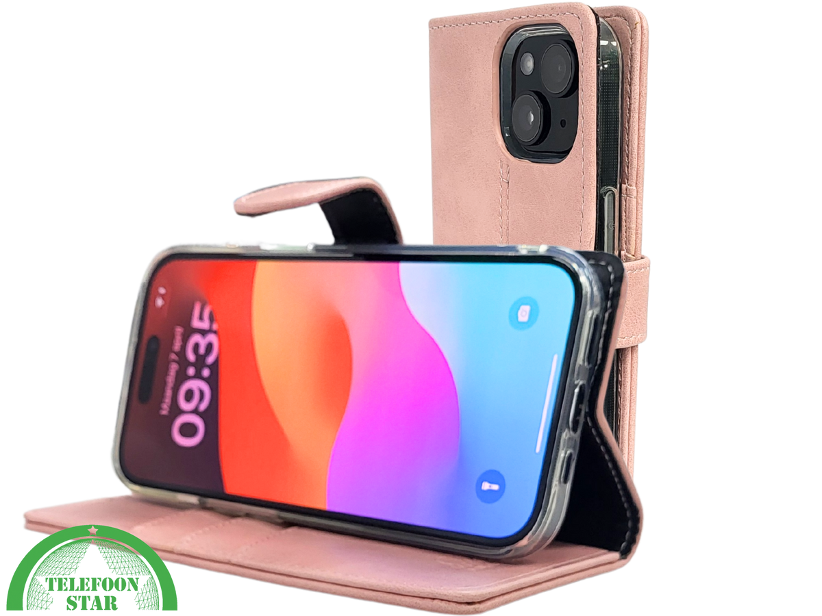 iPhone 15 Plus Hoesje Roze – Bookcase met Pasjeshouder en Leren Look