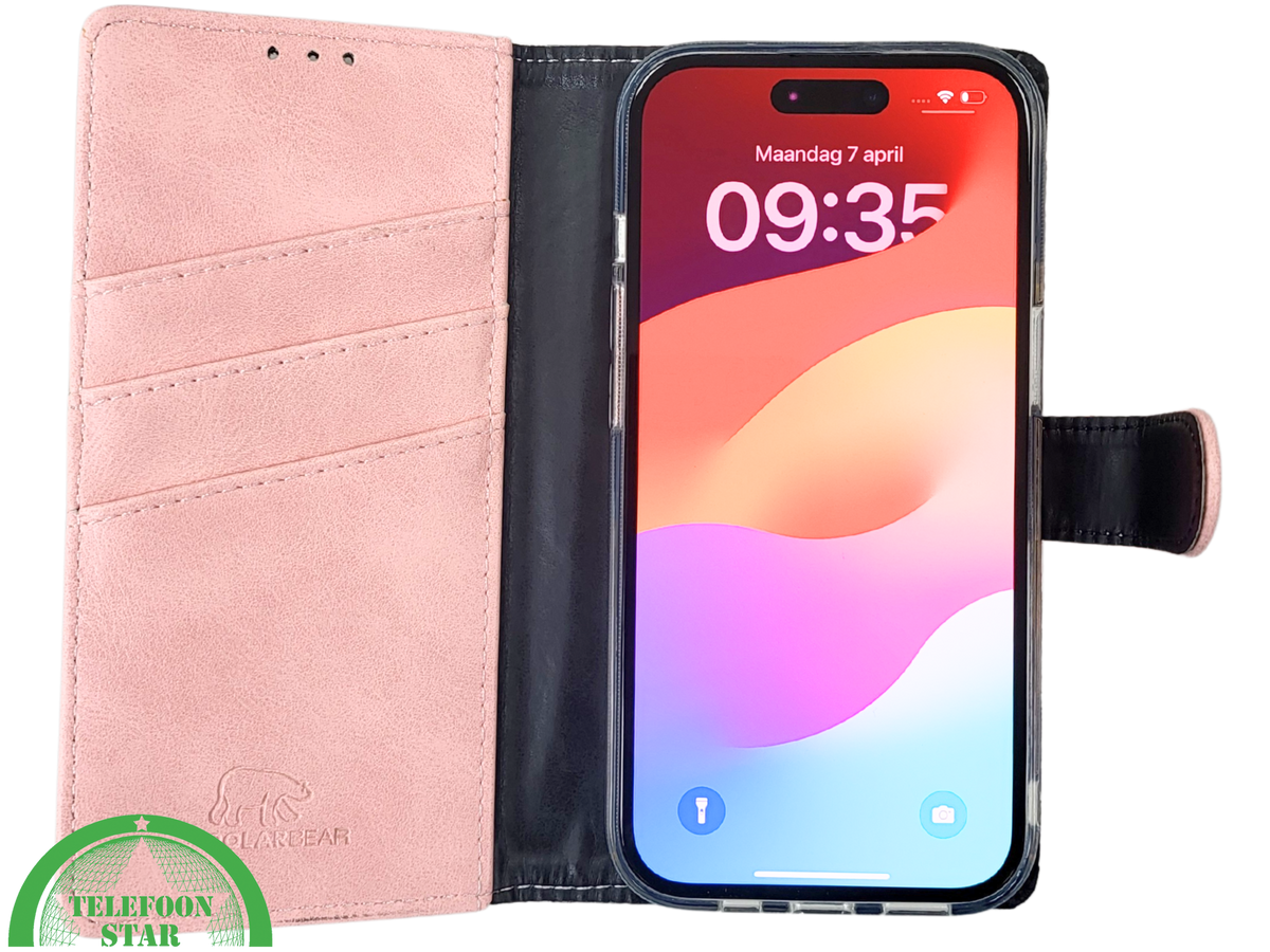 iPhone 15 Hoesje Roze – Bookcase met Pasjeshouder en Leren Look