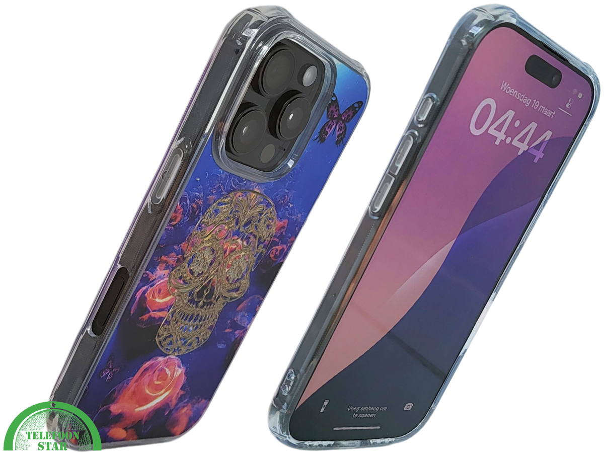 iPhone 16 Pro Hoesje Gouden Skull Design Transparant Telefoonhoesje met Paarse Bloemenprint