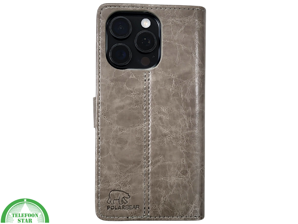 iPhone 16 Pro Bookcase Hoesje Taupe – Vintage Leren Look met Magnetische Sluiting