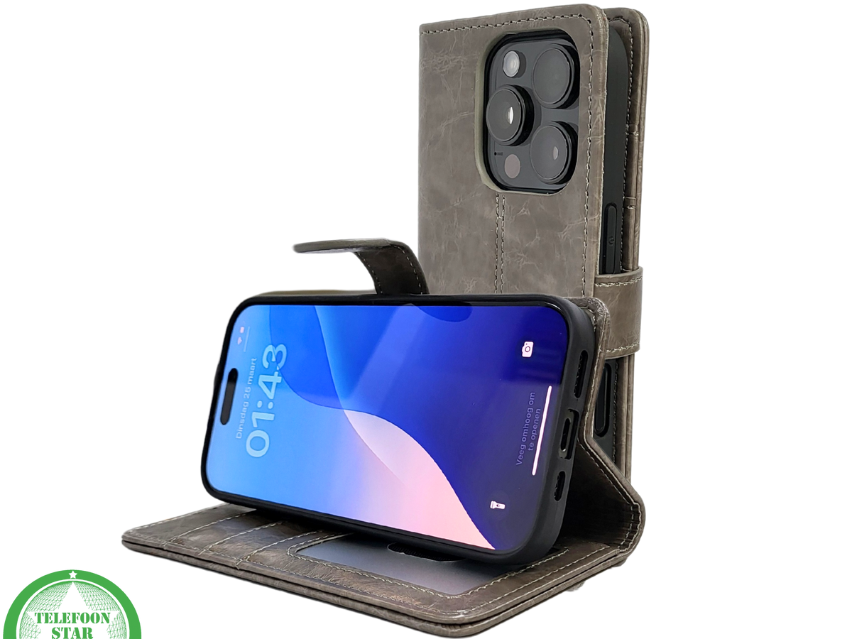 iPhone 16 Pro Max Bookcase Hoesje Taupe – Vintage Leren Look met Magnetische Sluiting