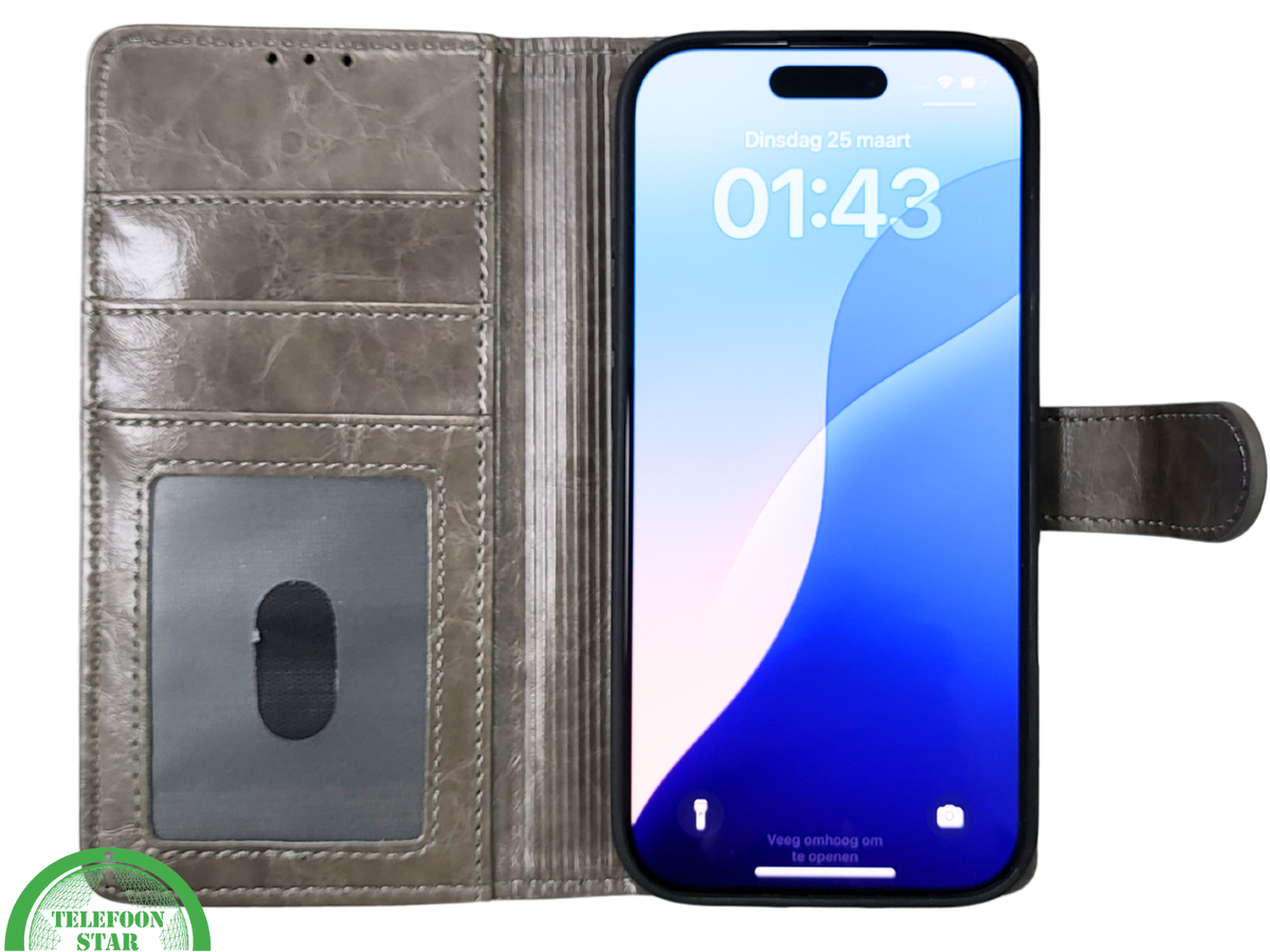 iPhone 16 Pro Max Bookcase Hoesje Taupe – Vintage Leren Look met Magnetische Sluiting