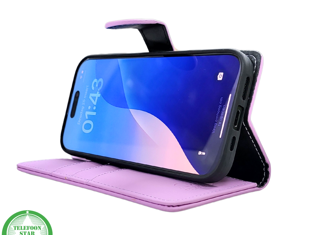 iPhone 16 Pro Bookcase Hoesje Lichtroze – Elegante Leren Look met Magnetische Sluiting