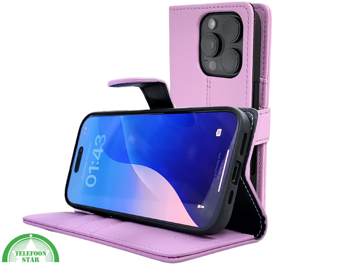 iPhone 16 Pro Bookcase Hoesje Lichtroze – Elegante Leren Look met Magnetische Sluiting