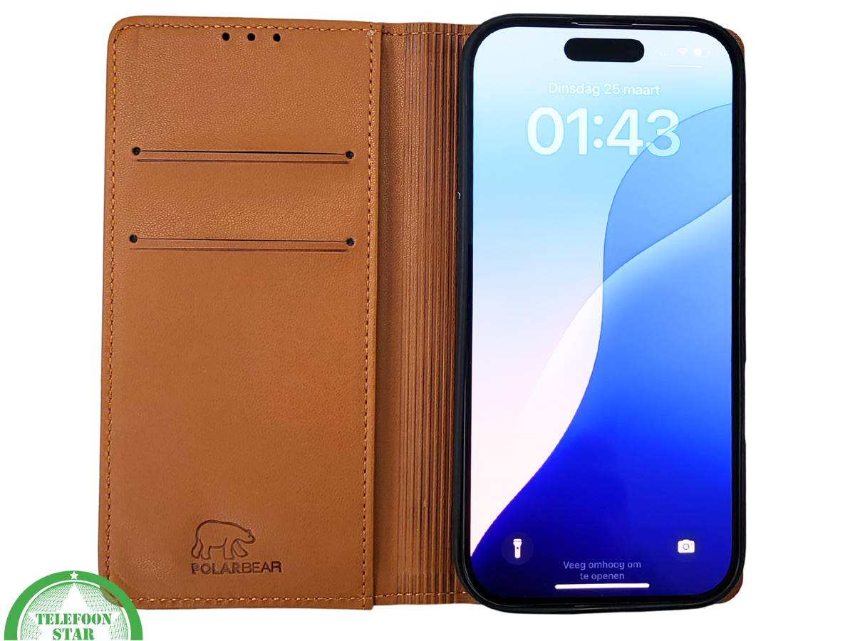 iPhone 16 Pro Bookcase Hoesje Cognac – Leren Look met Magnetische Sluiting