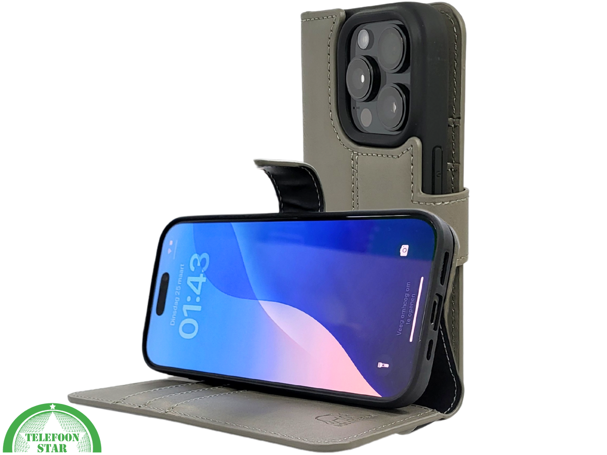 iPhone 16 Pro Max Insteekhoesje Olijfgroen – Leren Look met Open Bovenkant