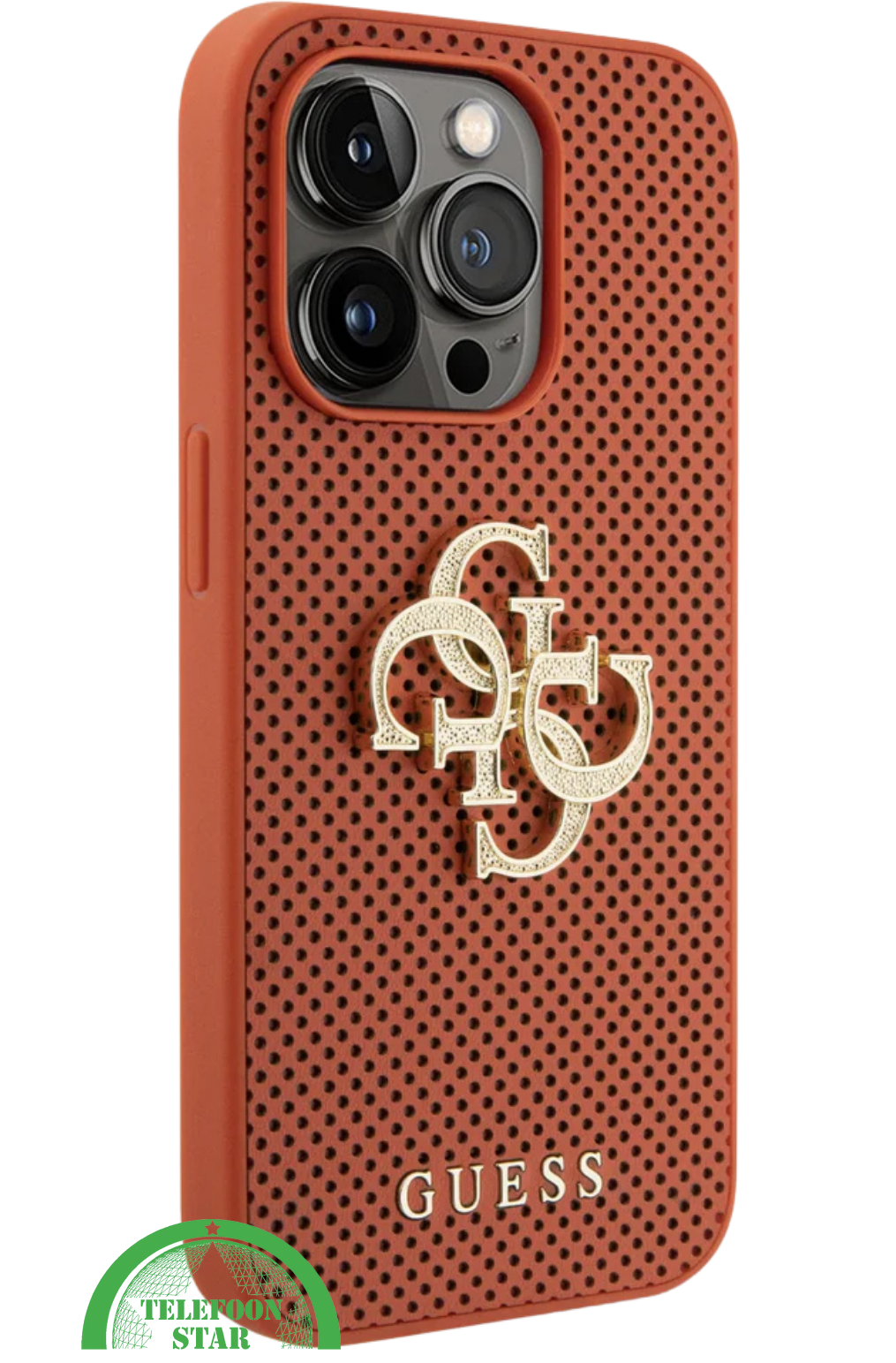 iPhone 15 Pro Siliconen Hoesje – Oranje Design met Gouden Logo en Gripbescherming