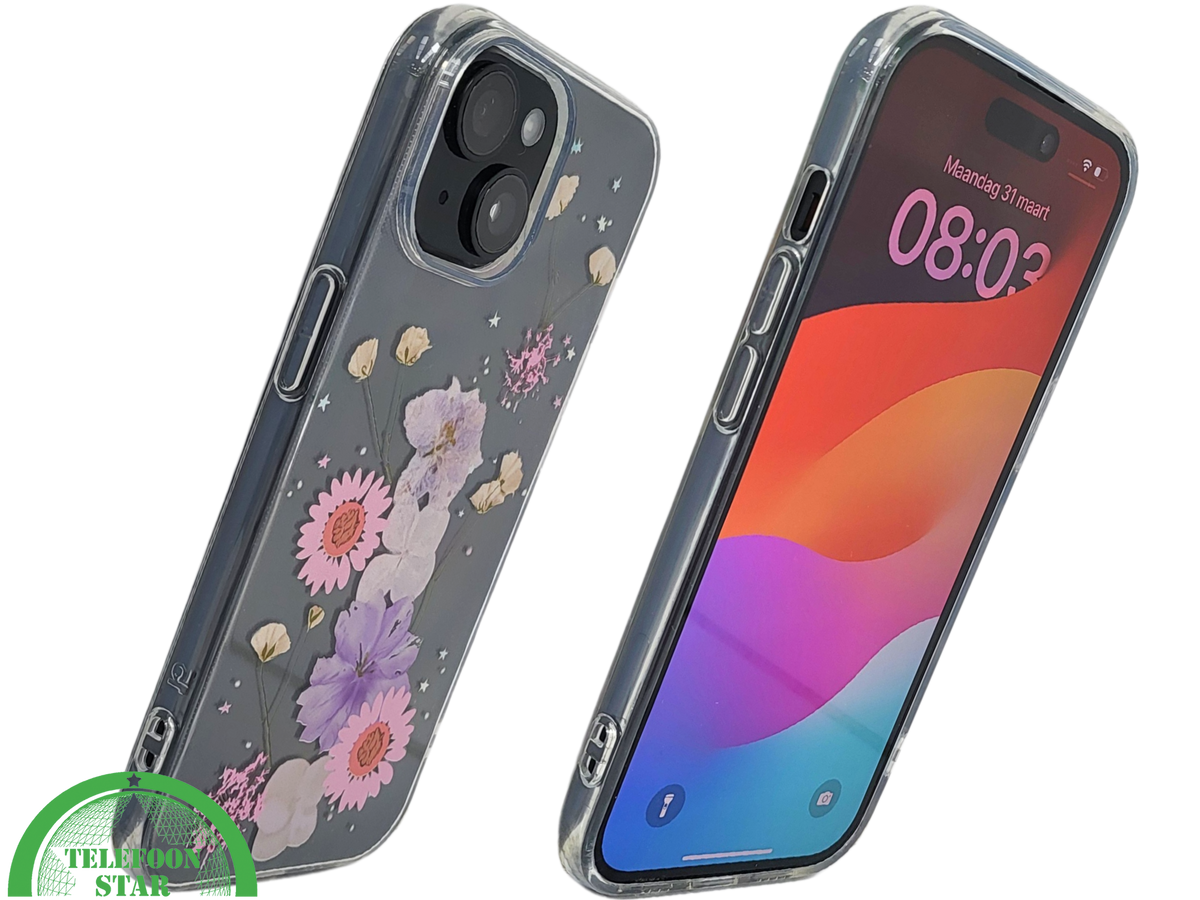 iPhone 15 Plus Transparant Hoesje met Gedroogde Bloemen – Elegant en Beschermend