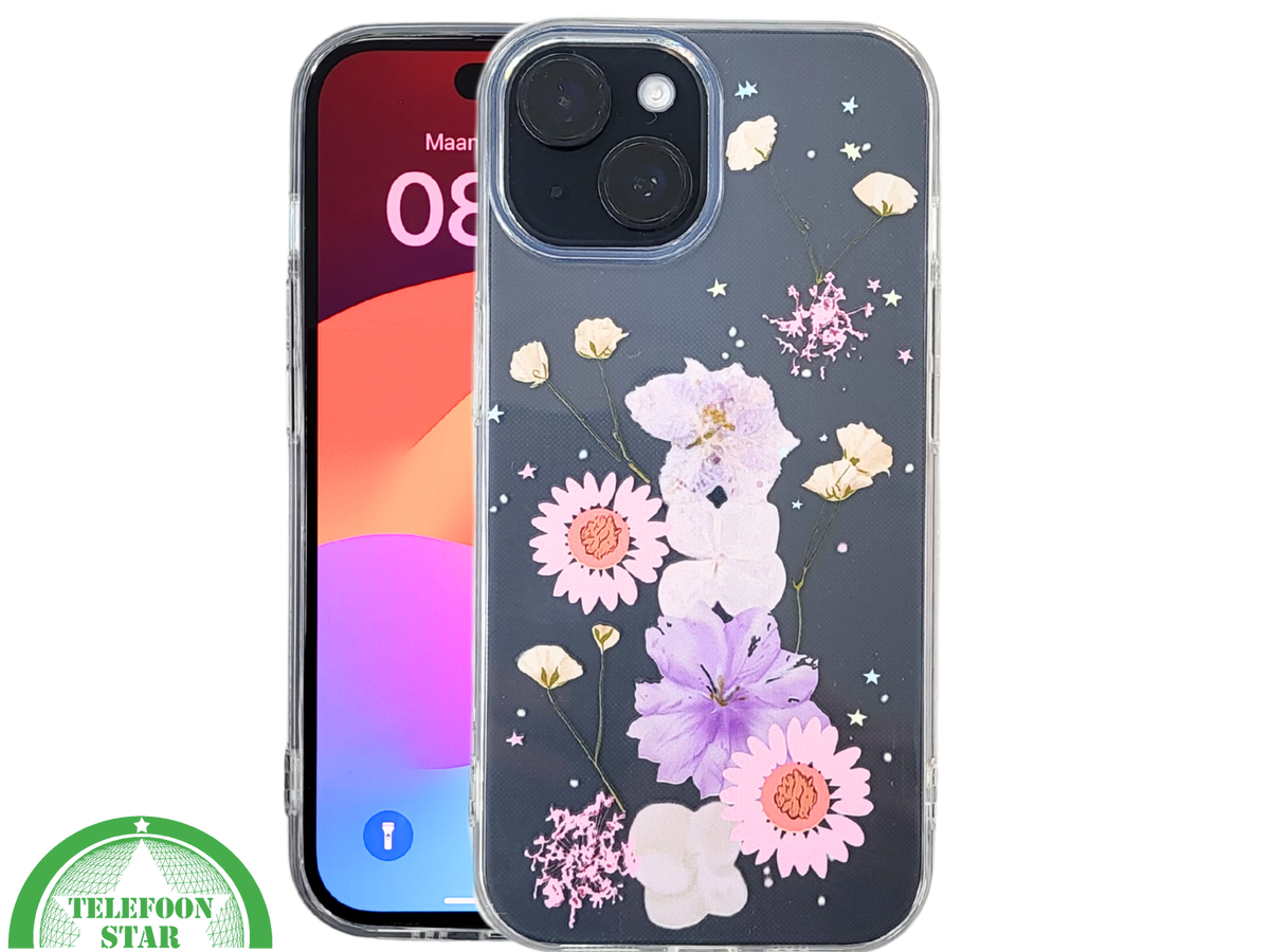 iPhone 15 Plus Transparant Hoesje met Gedroogde Bloemen – Elegant en Beschermend