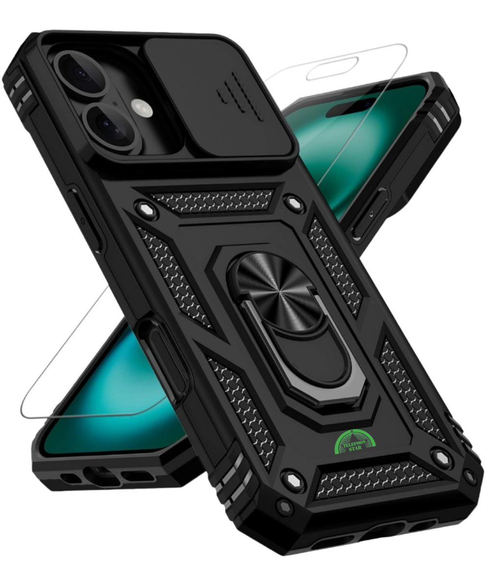 Hoesje voor iPhone 17 Zwart Camera Protection Kickstand Ring Armor