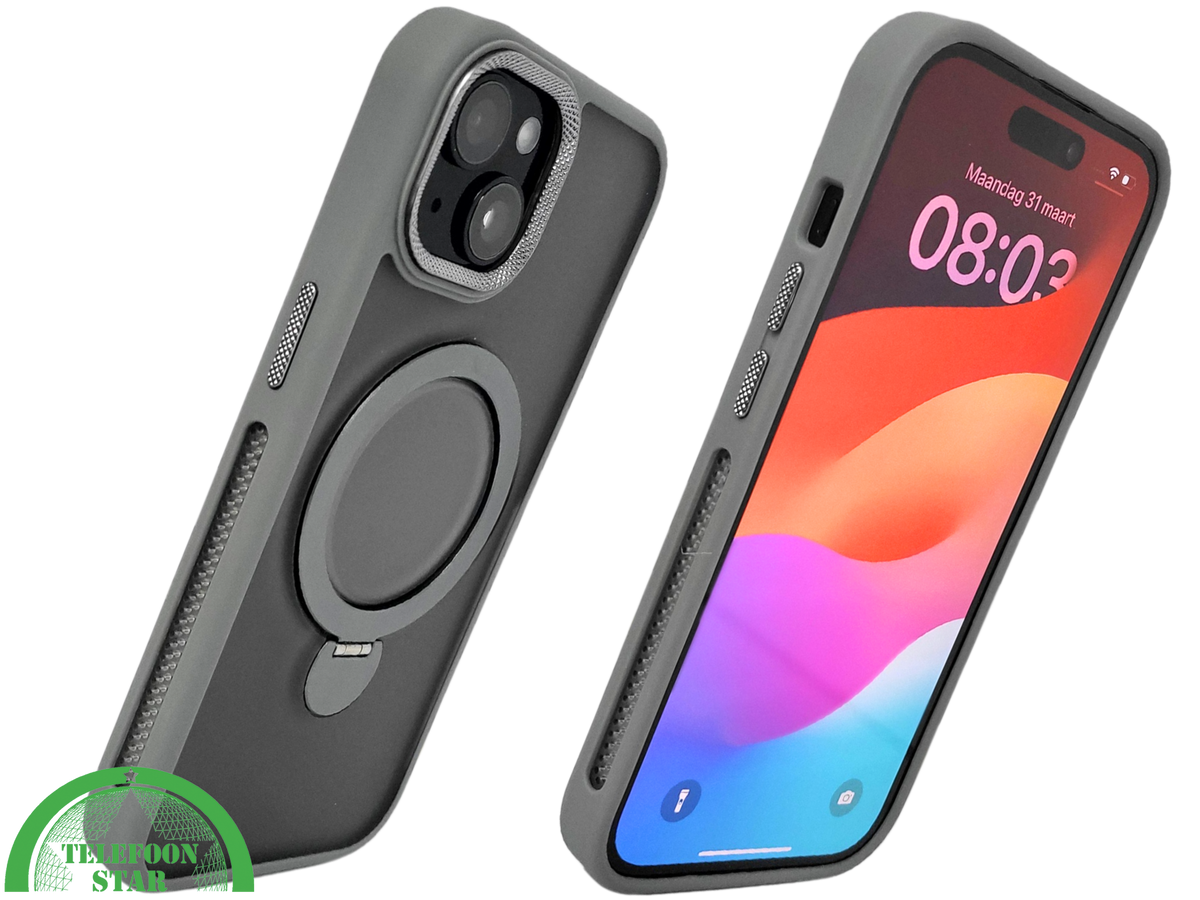 iPhone 15 Plus Hoesje Grijs – Met MagSafe-Ring & Kickstand voor Extra Functionaliteit