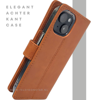 iPhone 15 Leren Hoesje Cognac – Bookcase met Pasjeshouder
