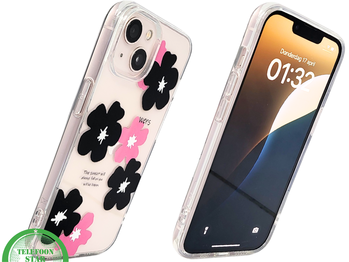 BloomPop Flex Case – iPhone 13 / 14 Hoesje met Zwarte & Roze Bloemen | Telefoonstar.nl