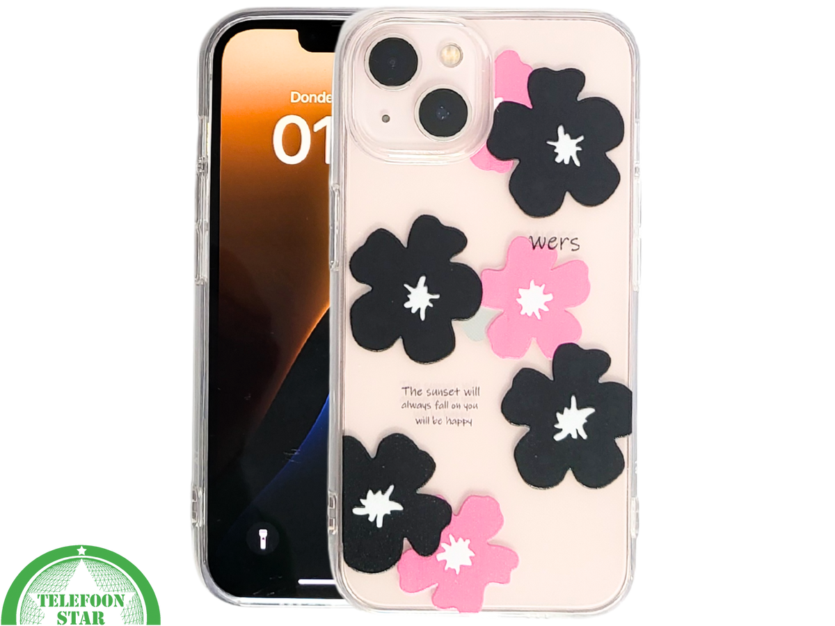 BloomPop Flex Case – iPhone 13 / 14 Hoesje met Zwarte & Roze Bloemen | Telefoonstar.nl