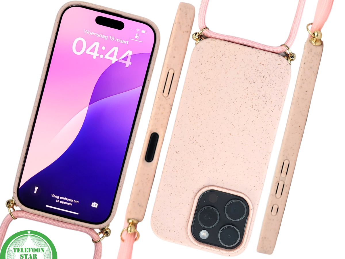 Lichtroze Koord Hoesje – Duurzaam Siliconen Touwkoord Case Met Draagkoord voor iPhone 16 Pro Max