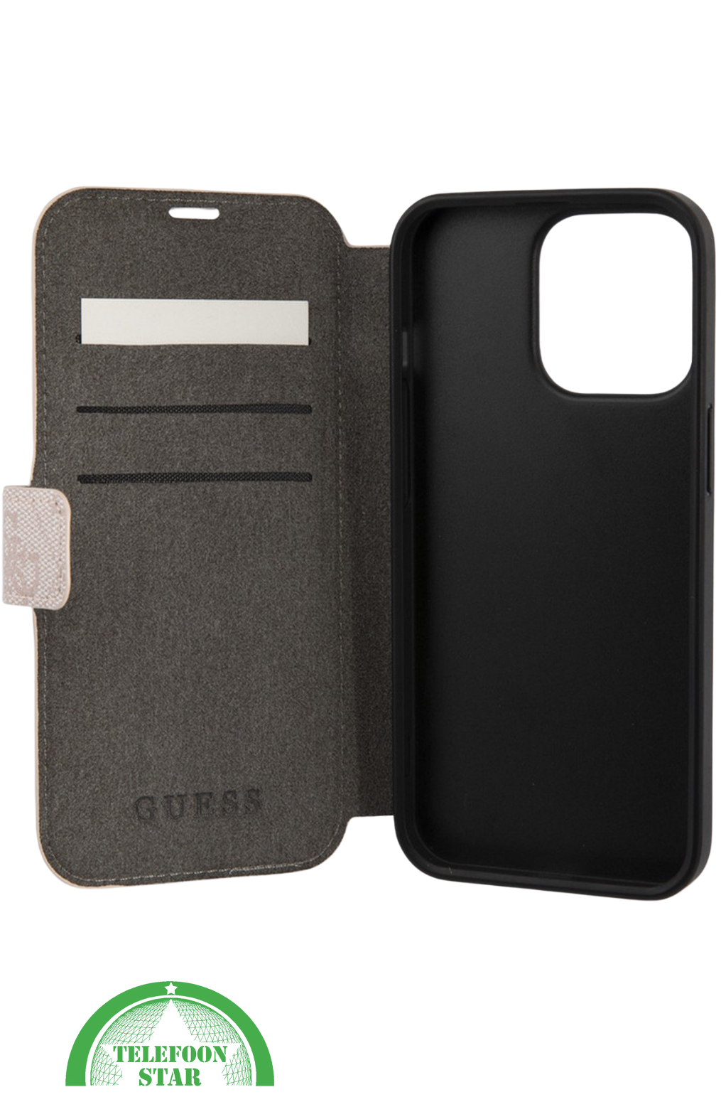 Hoesje voor iPhone 15 Pro Bookcase – Lichtroze Bescherming met Gouden Detail en Pasjesvak