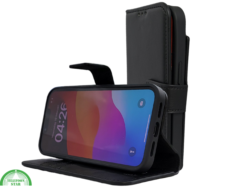 Flip Case Boek Zwart Leren twee en een met 3 Pashouders iPhone 16E