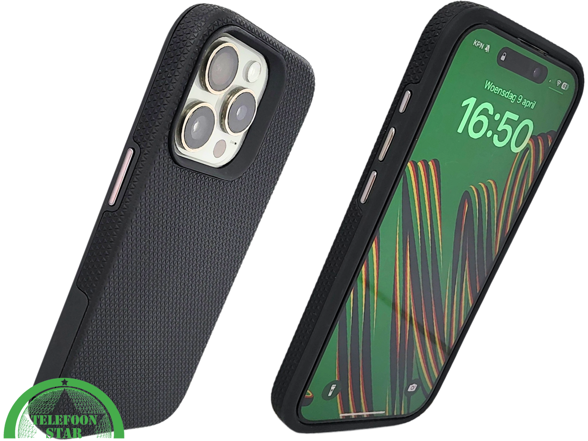 iPhone 15 Pro Max Zwart Hoesje met Structuur – Schokbestendig & Zakelijk | Telefoonstar.nl