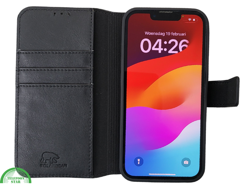 hoesje voor iPhone 17e Flip Case Boek Zwart Leren twee en een met 3 Pashouders