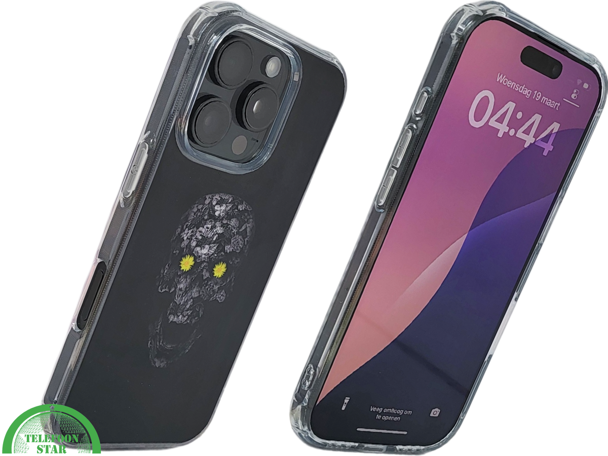 iPhone 16 Pro Zwart Hoesje Met Bloemen Skull Design En Gele Accentdetails