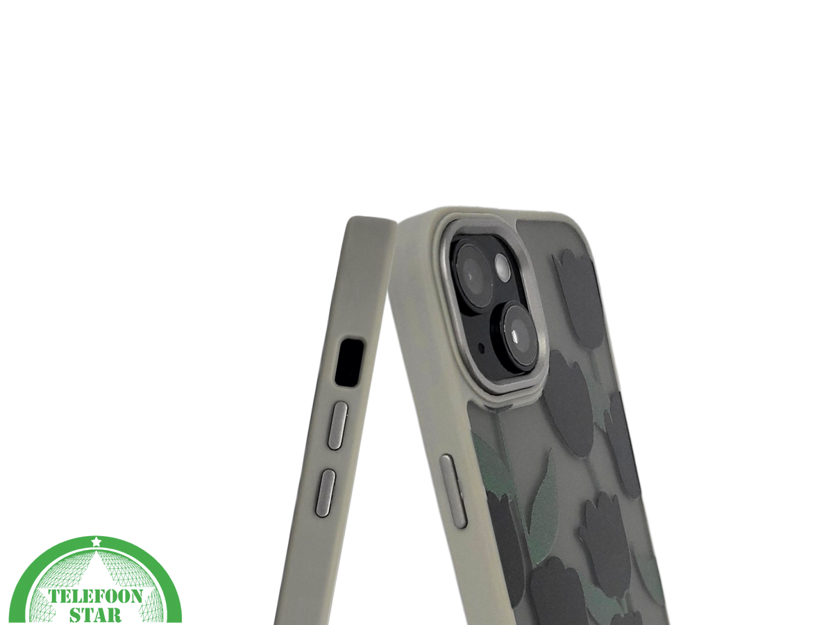 iPhone 15 Plus Hoesje – Zwarte Tulpen Design met Beige Rand | Stijlvol & Betaalbaar