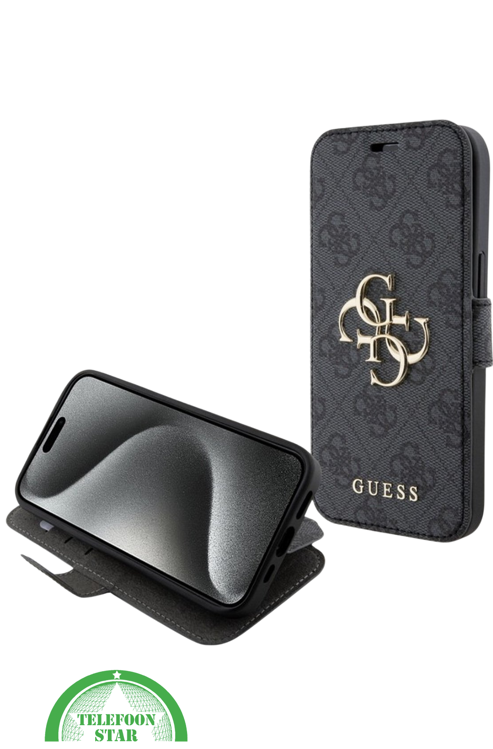 Hoesje voor iPhone 15 Pro Bookcase – Zwart Bescherming met Gouden Detail en Pasjesvak