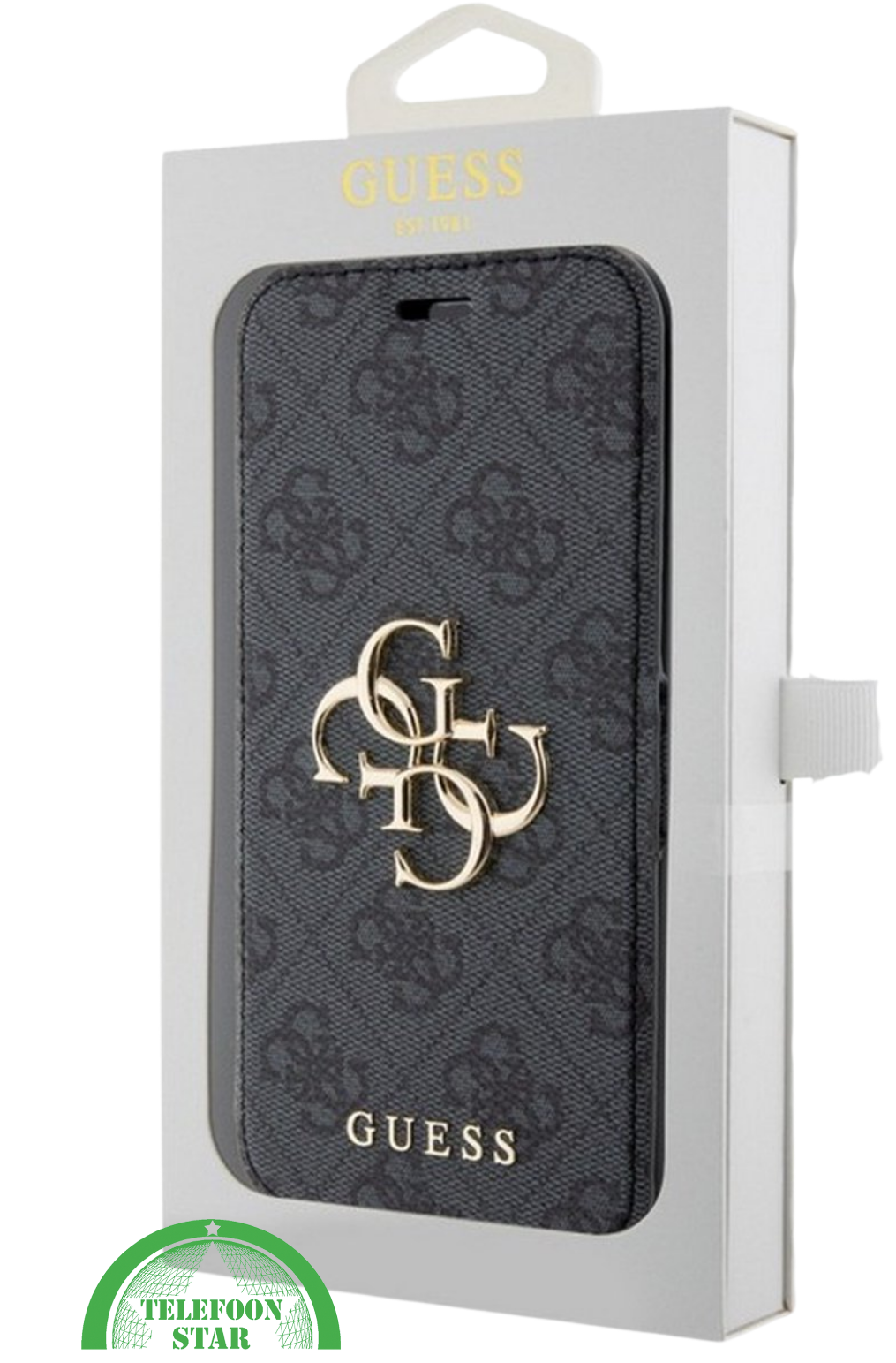 Hoesje voor iPhone 15 Pro Bookcase – Zwart Bescherming met Gouden Detail en Pasjesvak