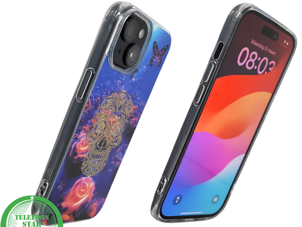 iPhone 15 Plus Hoesje – Neon Skull & Vlinder Design | Creatief, Stoer & Beschermend