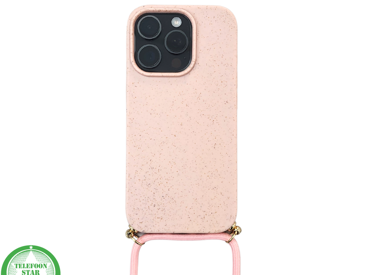 Lichtroze Koord Hoesje – Duurzaam Siliconen Touwkoord Case Met Draagkoord voor iPhone 16 Pro Max