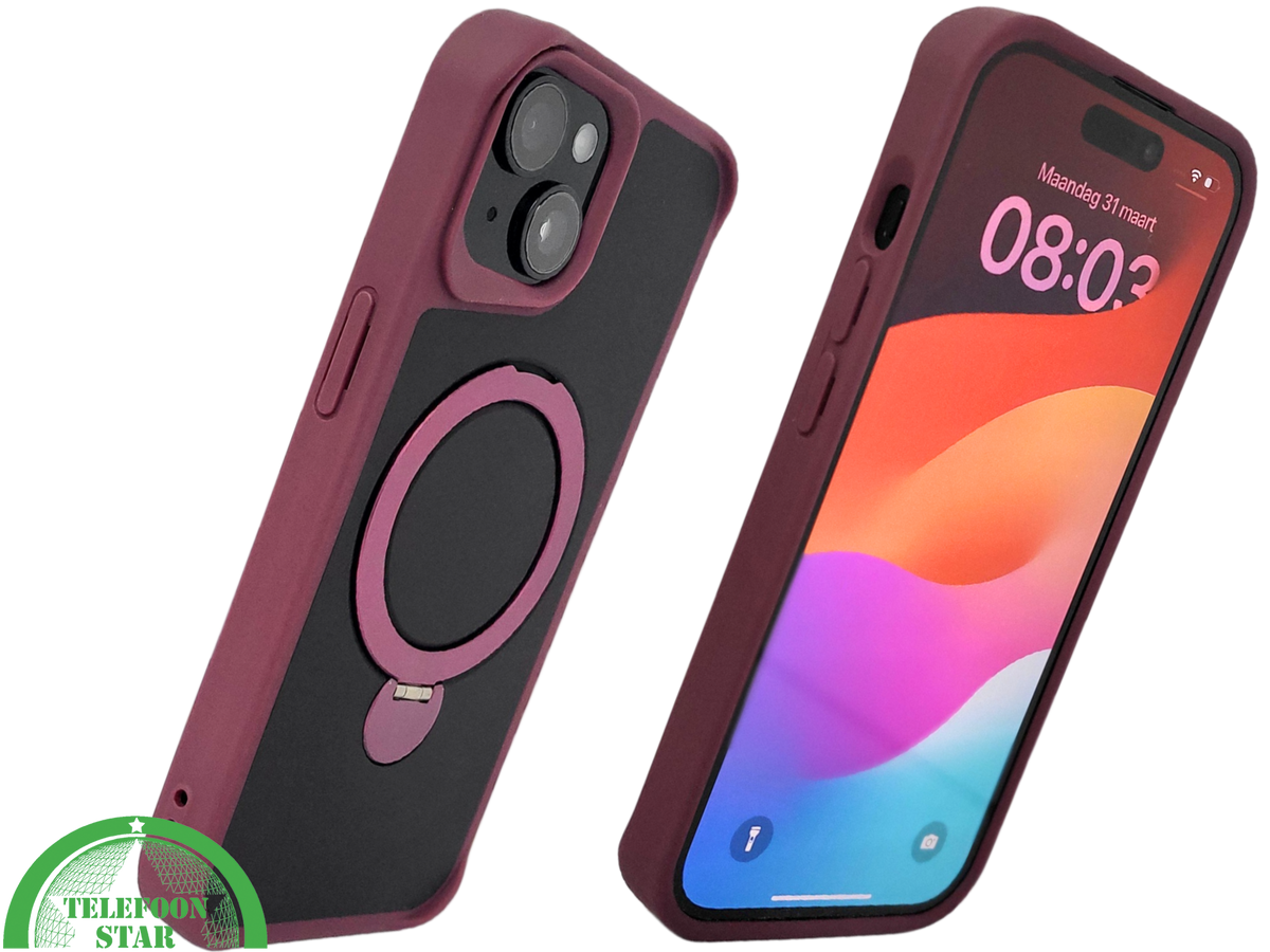 iPhone 15 Plus Hoesje – Zwart-Bordeaux met MagSafe Ring | Stijlvol & Functioneel