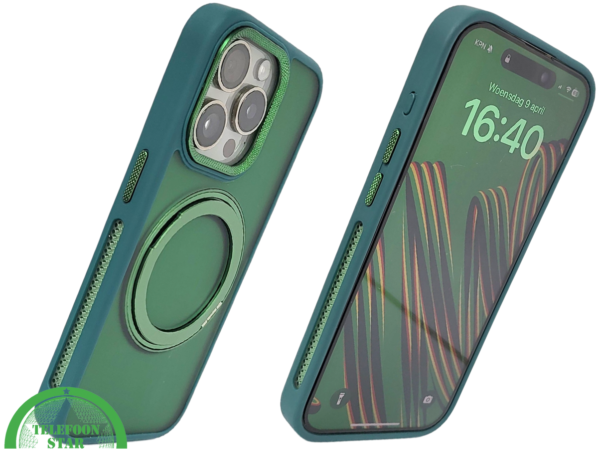 Glanzend Groen iPhone 15 Pro Hoesje met Ringhouder – Transparant & MagSafe | Telefoonstar.nl