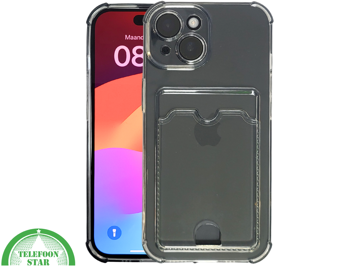 iPhone 15 Plus Transparant Hoesje – Met Opklapbare Kaarthouder & Stevige Bescherming