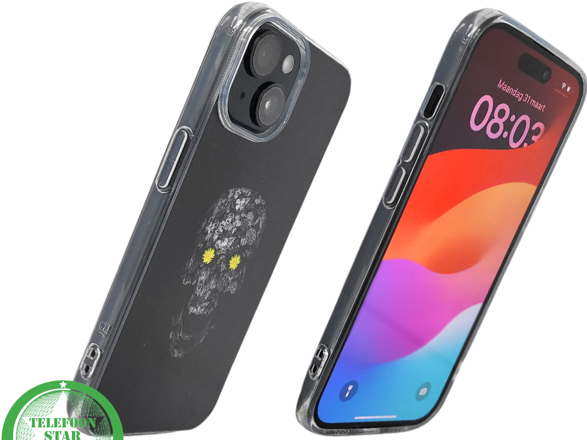 iPhone 15 Hoesje – Zwart Schedel Design met Bloemen | Kunstzinnig & Beschermend
