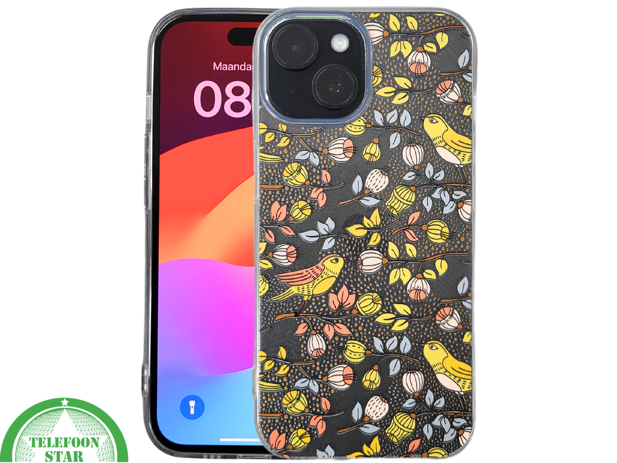 iPhone 15 Hoesje – Herfstvogels Design met Transparante Rand | Kleurrijk & Beschermend