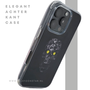 iPhone 16 Pro Zwart Hoesje Met Bloemen Skull Design En Gele Accentdetails