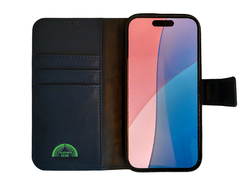 Boek Case Leer Wallet Case Donkerblauwe iPhone 16 Plus