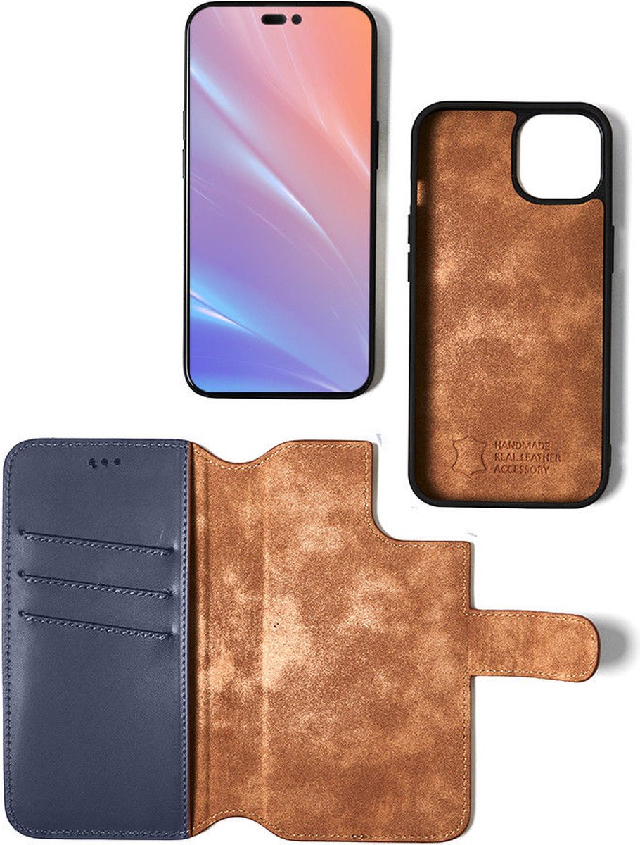 iPhone 15 Pro 2 in 1 Hoesje | 100% Leer | Minimalistisch | Blauw