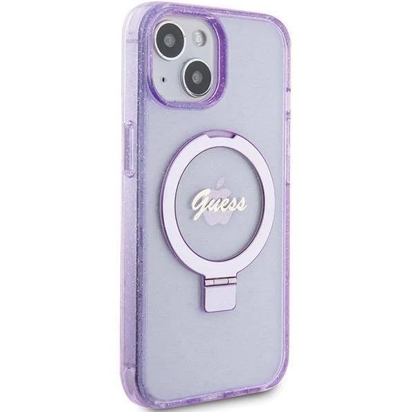 iPhone 15 MagSafe met Ringstandaard Hoesje | Guess Hoesje | Glitter Paars