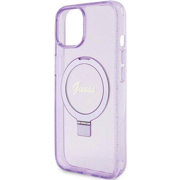iPhone 15 MagSafe met Ringstandaard Hoesje | Guess Hoesje | Glitter Paars