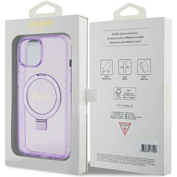 iPhone 15 MagSafe met Ringstandaard Hoesje | Guess Hoesje | Glitter Paars