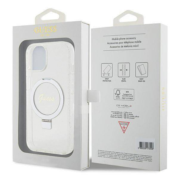 iPhone 15 MagSafe met Ringstandaard Hoesje | Guess Hoesje | Glitter Transparant