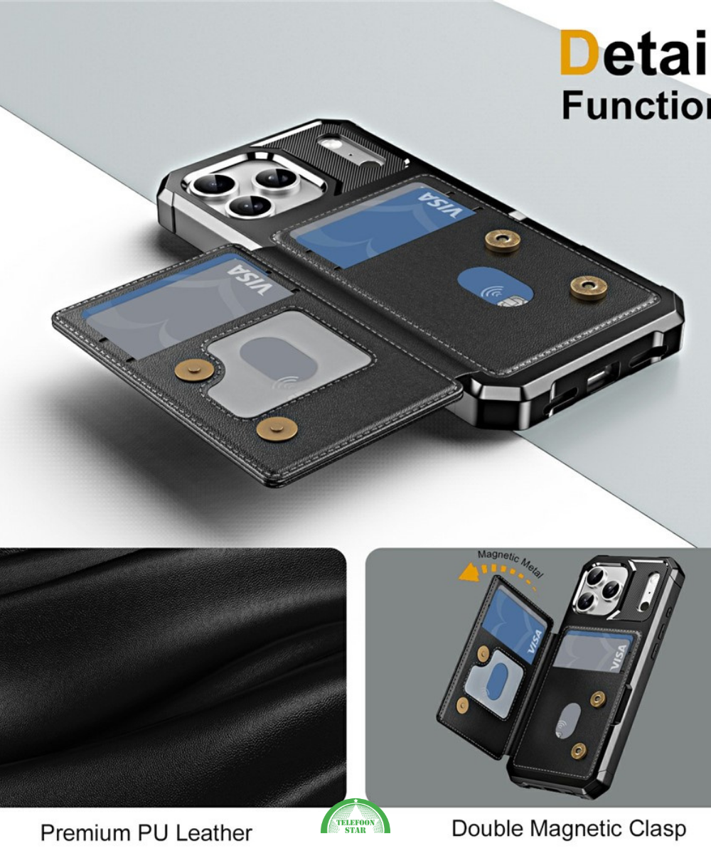 iPhone 17 Pro Case Card Slot Kickstand Leather + TPU Reinforced Corner Phone Cover - Black