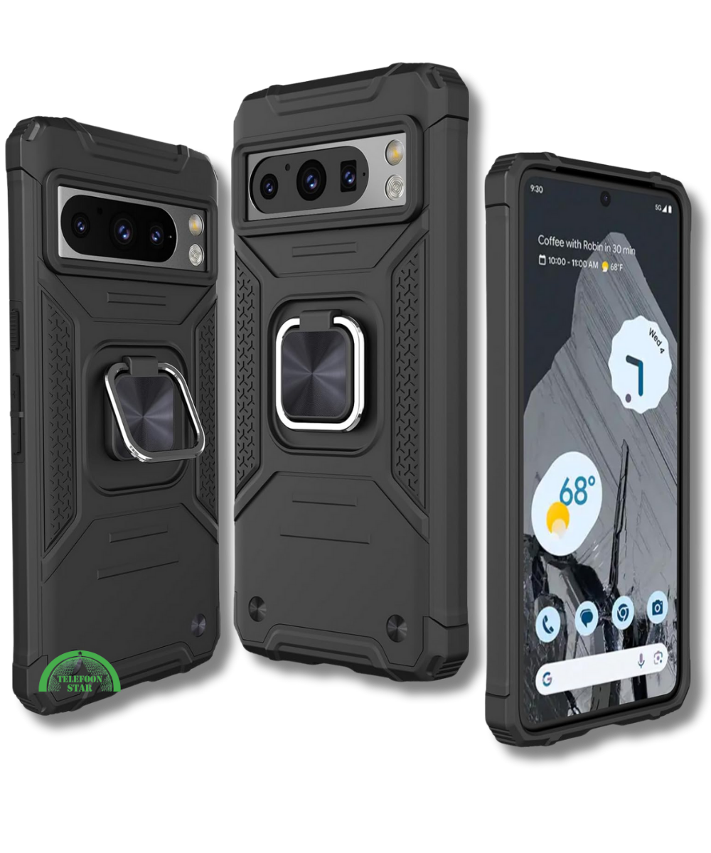 Hoesje voor Google Pixel 8 Zwart Rugged Armor met Ring Kickstand Extra Sterke Bescherming