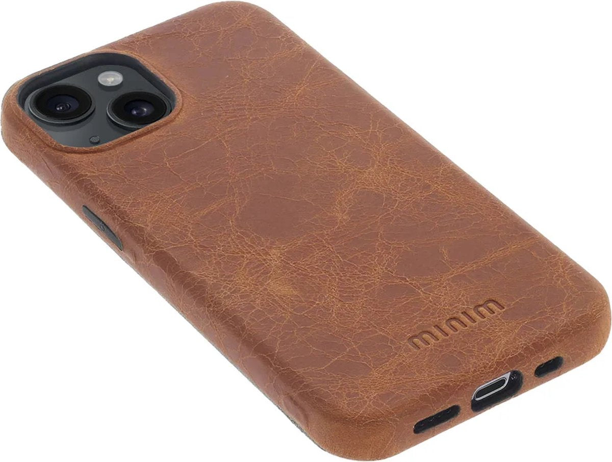 iPhone 15 100% Leer hoesje | Lederen Backcover | Minimalistisch | Cognac