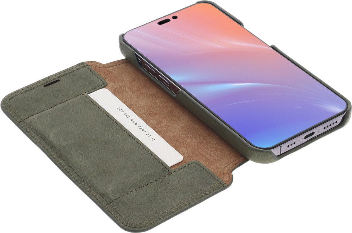 iPhone 15 Pro 100% Leer hoesje | Lederen Bookcase | Minimalistisch | Olijfgroen