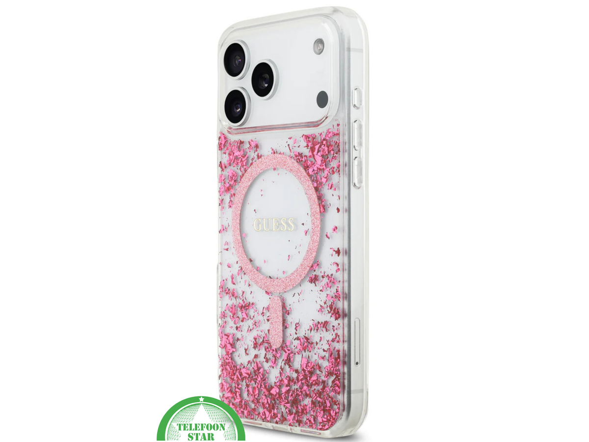 iPhone 17 Pro Guess MagSafe Hoesje – Roze Glitter Transparante Bescherming