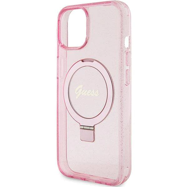 iPhone 15 MagSafe met Ringstandaard Hoesje | Guess Hoesje | Glitter Roze