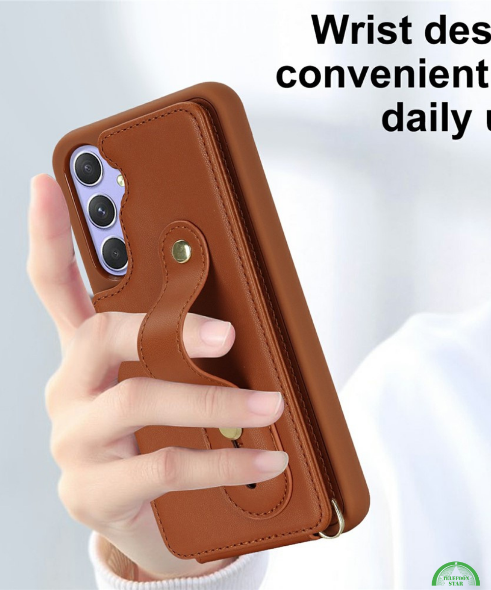 Samsung Galaxy S26 Case Kickstand Card Slots Leather Coated TPU Cover with Shoulder Strap Bruin