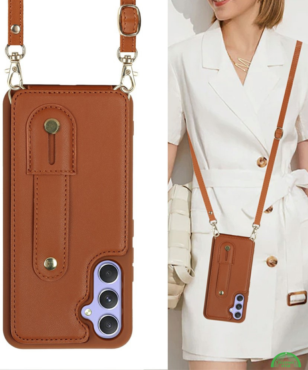 Samsung Galaxy S26 Case Kickstand Card Slots Leather Coated TPU Cover with Shoulder Strap Bruin